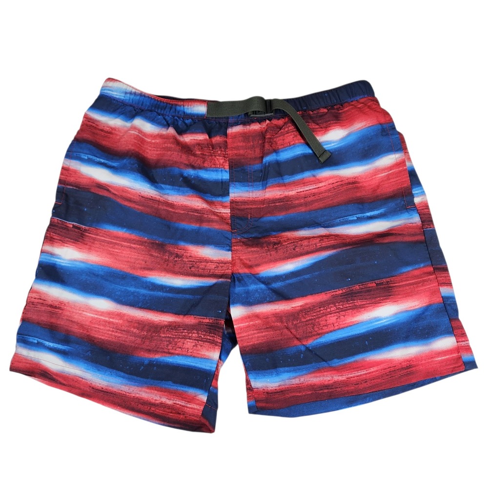 Columbia Swim Trunks XL Men Nylon 7" Red White Blue Tie Dye Mesh Lined‎ Wicking